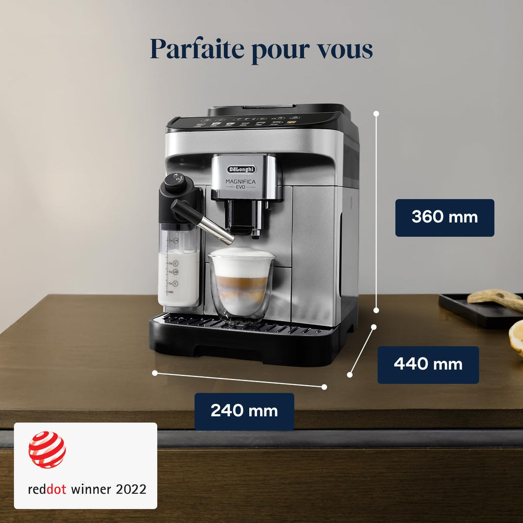 Magnifica Evo - Perfetto Machine à Café Automatique avec LatteCrema Mousseur à Lait Automatique, Argent et Noir