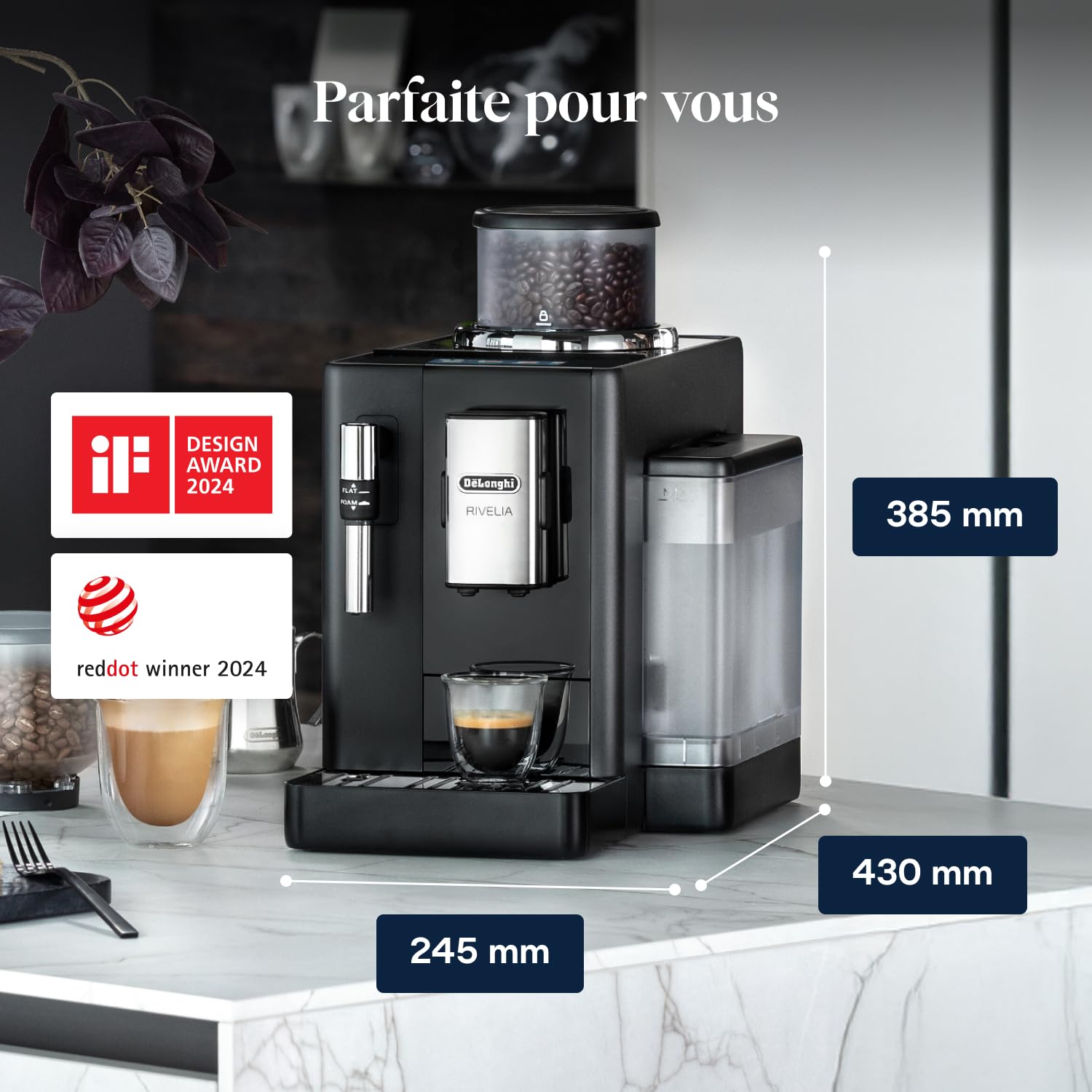 Rivelia - Perfetto Machine à Café Automatique, Mousseur à Lait Classique, Noir