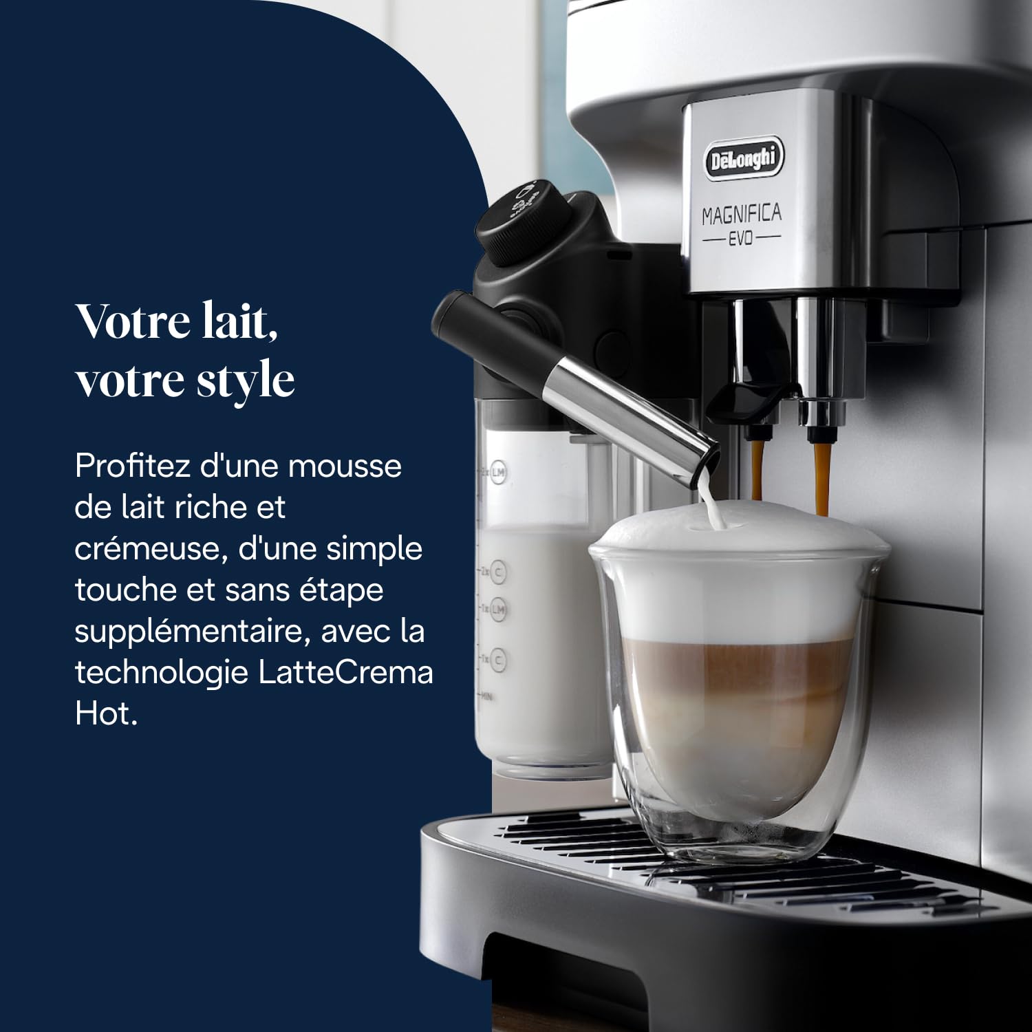 Magnifica Evo - Perfetto Machine à Café Automatique avec LatteCrema Mousseur à Lait Automatique, Argent et Noir