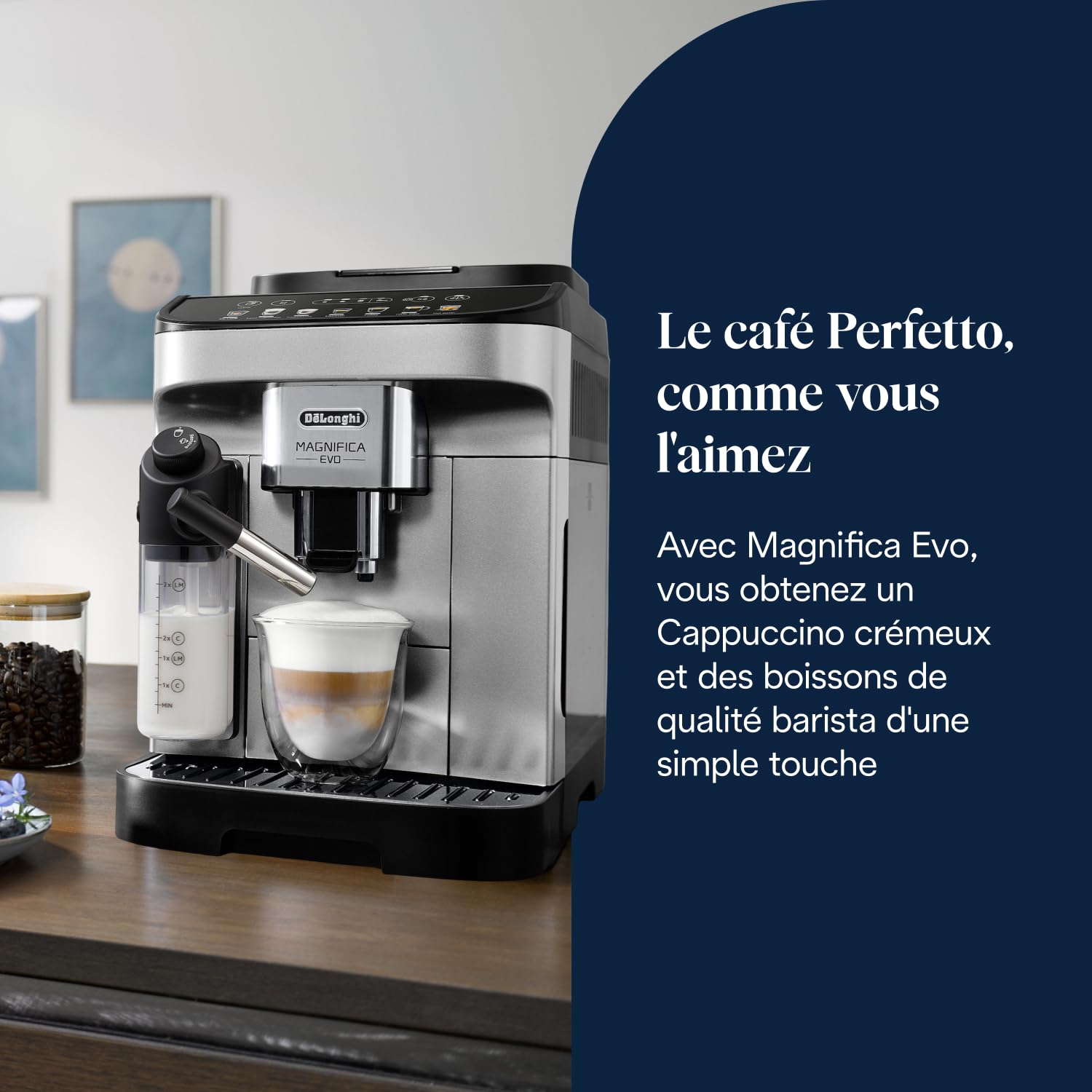 Magnifica Evo - Perfetto Machine à Café Automatique avec LatteCrema Mousseur à Lait Automatique, Argent et Noir