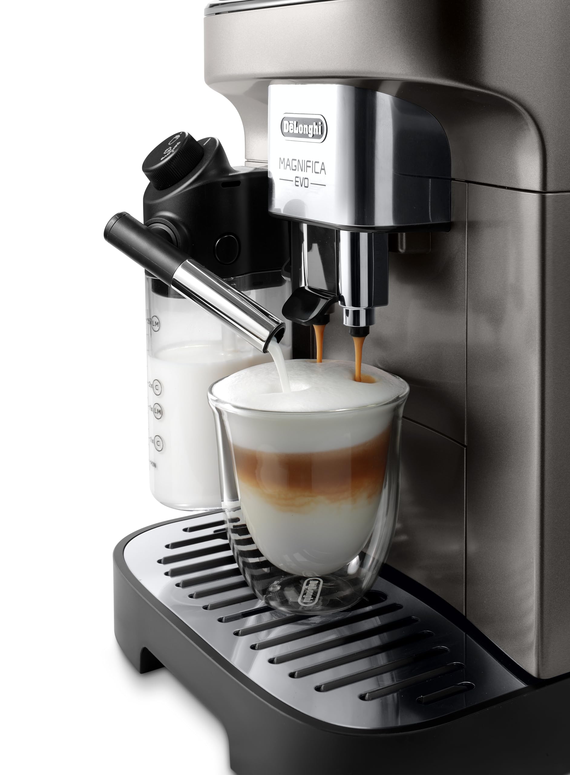 Magnifica Evo, Cafetière Automatique avec Mousseur de Lait, Titane/Noir